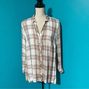 J. Jill MP Cream Brown Orange Plaid Collared Button Front Long Sleeve Top